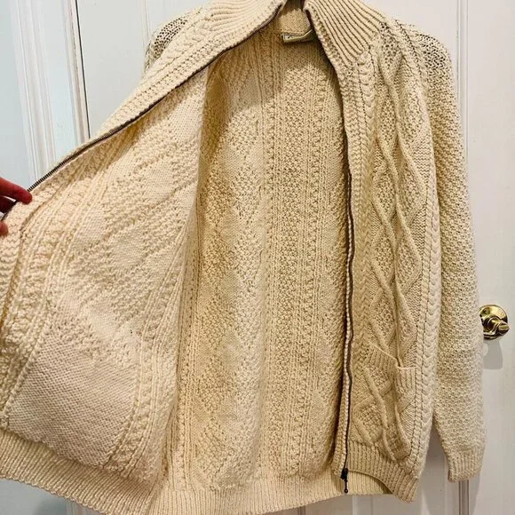 Carraig Donn Zip Up Sweater Cream Aran Cable Knit Fisherman Wool Ireland Heavy - Picture 13 of 16